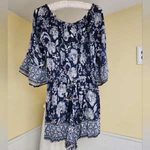 blue and white romper with flowy sleeves